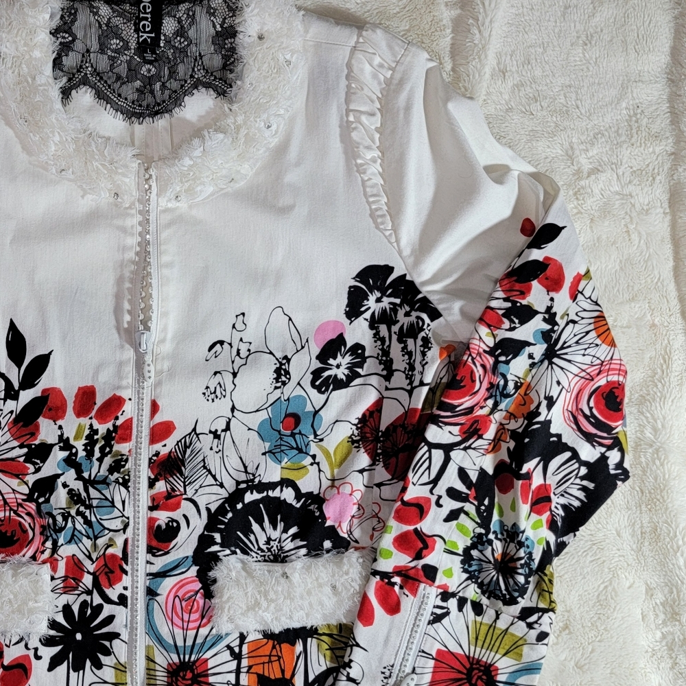 Berek Jacket Womens Large White Flower Pop Stretch Bling Zipper Short Pockets - Picture 9 of 14